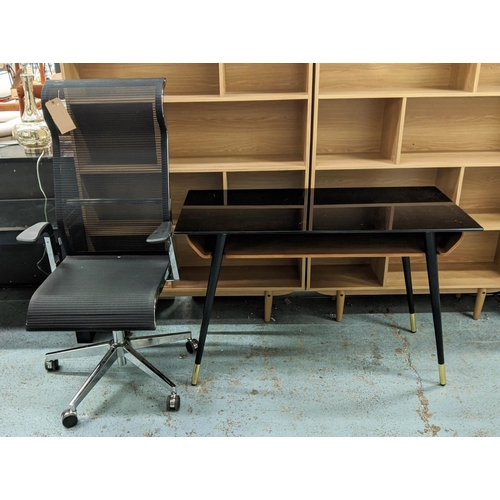 389 - DESK, 115cm x 55cm x 77cm H, smoked glass top, mid 20th century style and desk chair mesh upholstere... 