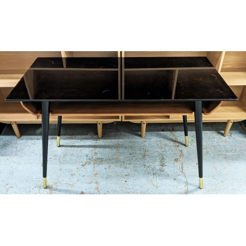 389 - DESK, 115cm x 55cm x 77cm H, smoked glass top, mid 20th century style and desk chair mesh upholstere... 