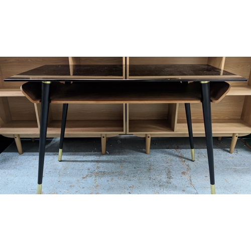 389 - DESK, 115cm x 55cm x 77cm H, smoked glass top, mid 20th century style and desk chair mesh upholstere... 