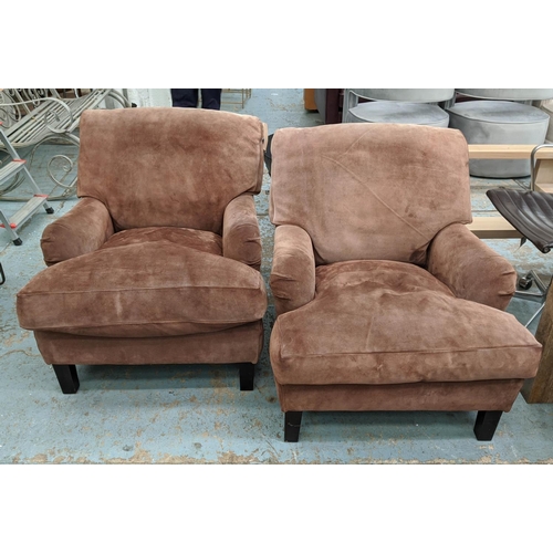 140 - ARMCHAIRS, a pair, each 80cm W x 97cm D, in a brown suede with stud detail. (2)