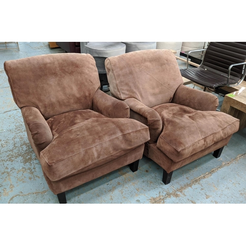 140 - ARMCHAIRS, a pair, each 80cm W x 97cm D, in a brown suede with stud detail. (2)