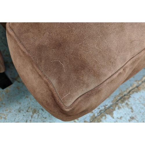 140 - ARMCHAIRS, a pair, each 80cm W x 97cm D, in a brown suede with stud detail. (2)