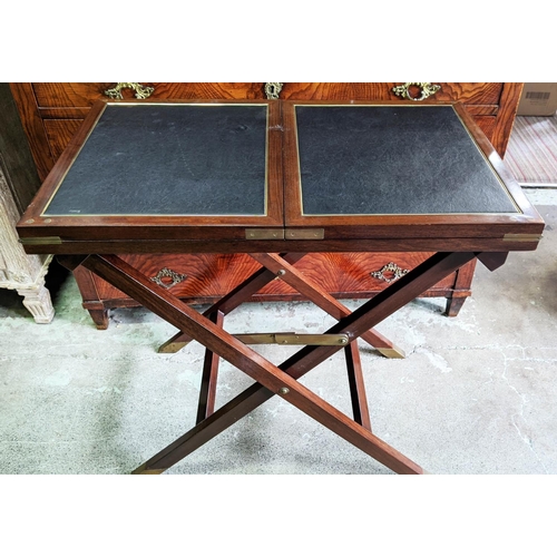 205 - CAMPAIGN TABLE, 76cm W x 45cm D x 80cm H, on a folding stand with the top folding out to 152cm W, of... 