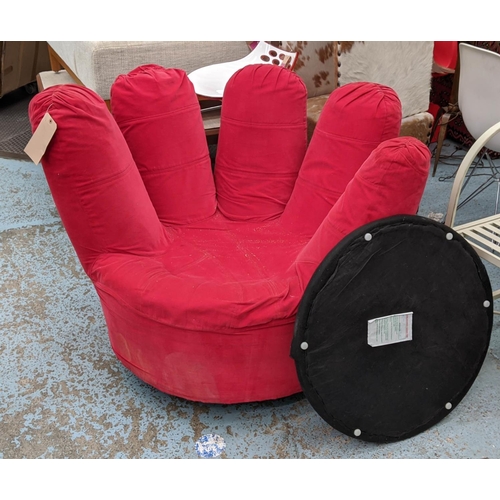 380 - FINGER CHAIR, 108cm W x 84cm H, in red chenille in the manner of Joe Colombo, swivel action.