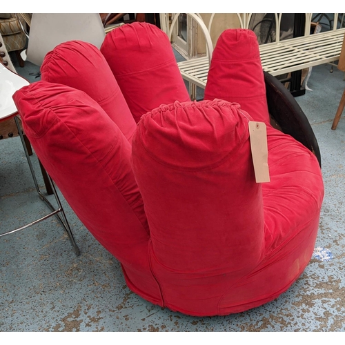 380 - FINGER CHAIR, 108cm W x 84cm H, in red chenille in the manner of Joe Colombo, swivel action.