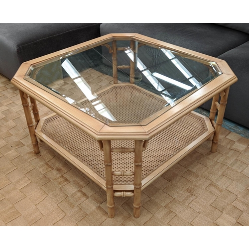 398 - LOW TABLE, 90cm x 90cm x 50cm, faux bamboo, caned under tier bevelled glass top.