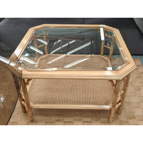 398 - LOW TABLE, 90cm x 90cm x 50cm, faux bamboo, caned under tier bevelled glass top.