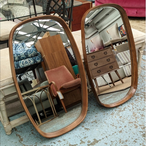 410 - WALL MIRRORS, a pair, 1960's Danish inspired design, 90cm x 55cm. (2)