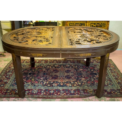 167 - DINING TABLE, 79cm H x 121cm W x 168 L, Chinese painted and carved fir wood with glass top.