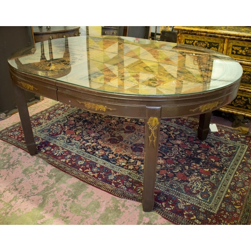 167 - DINING TABLE, 79cm H x 121cm W x 168 L, Chinese painted and carved fir wood with glass top.