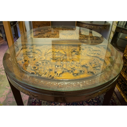 167 - DINING TABLE, 79cm H x 121cm W x 168 L, Chinese painted and carved fir wood with glass top.