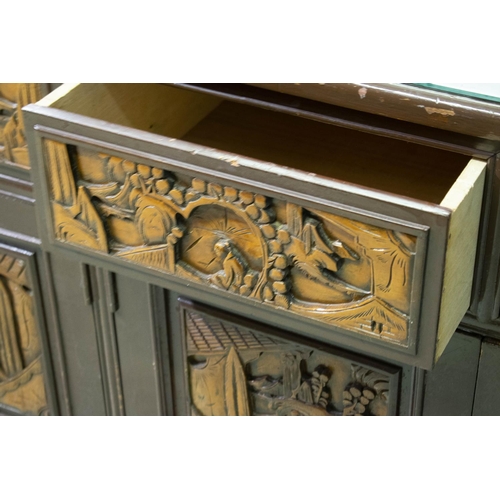 169 - SIDEBOARD, 169cm H x 213cm W x 51cm D, painted and carved wood with mirror above a glass top, five d... 