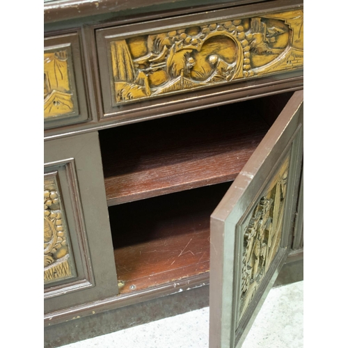 169 - SIDEBOARD, 169cm H x 213cm W x 51cm D, painted and carved wood with mirror above a glass top, five d... 