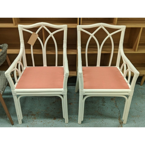 397 - DINING CHAIRS, a set of four, painted bamboo, upholstered seat pads, 89cm H. (4)