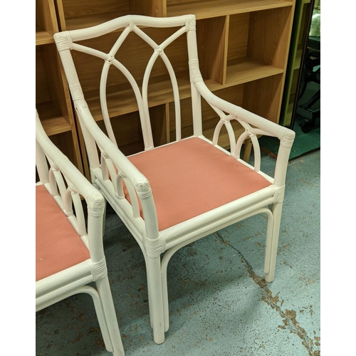 397 - DINING CHAIRS, a set of four, painted bamboo, upholstered seat pads, 89cm H. (4)