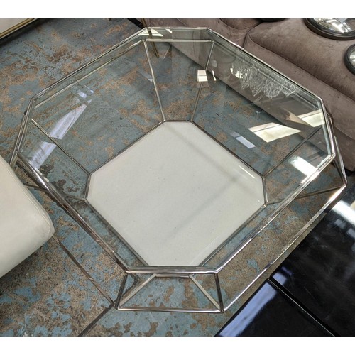 412 - LOW TABLE, 100cm x 100cm x 44cm H, cut diamond form design, glass top, polished metal base, marble b... 