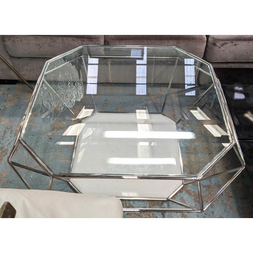 412 - LOW TABLE, 100cm x 100cm x 44cm H, cut diamond form design, glass top, polished metal base, marble b... 