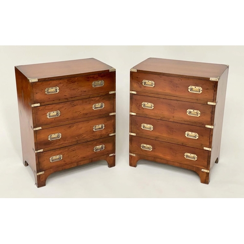 109 - CAMPAIGN STYLE CHESTS, a pair, 1970s yewwood and brass bound each with four drawers, 60cm W x 38cm D... 