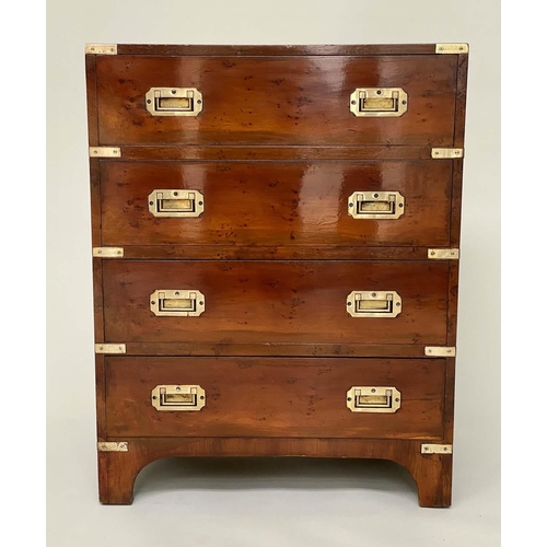 109 - CAMPAIGN STYLE CHESTS, a pair, 1970s yewwood and brass bound each with four drawers, 60cm W x 38cm D... 