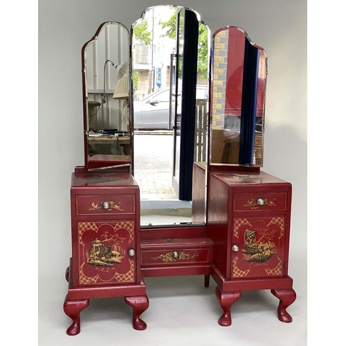 114 - DRESSING TABLE, 1930s scarlet lacquered and gilt polychrome chinoiserie decoration with triple mirro... 