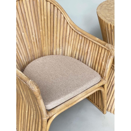 125 - TERRACE SET, rattan, bamboo and cane bound with two armchairs, 58cm W and wheatsheaf style table, 63... 