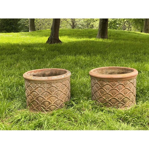 127 - GARDEN PLANTERS, a pair, weathered terracotta with flower motif, 50cm W. (2)