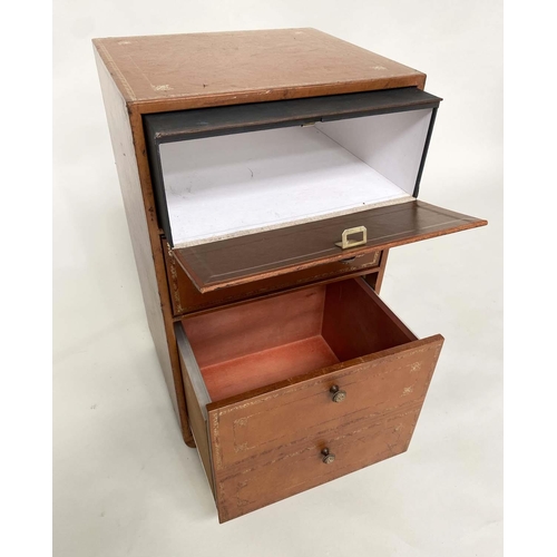 130 - FILING CHESTS, a pair, 1970's gilt tooled tan leather clad each with two fall front pullout drawers ... 