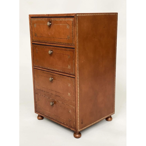 130 - FILING CHESTS, a pair, 1970's gilt tooled tan leather clad each with two fall front pullout drawers ... 