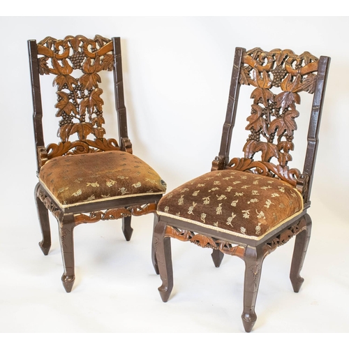 168 - DINING CHAIRS, 101cm H x 50xcm W, a set of six Chinese painted and carved with brown patterned seats... 