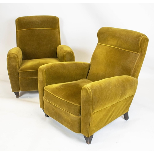 207 - ARMCHAIRS, 83cm H x 76cm W, a pair, circa 1940, French in olive velvet. (2)