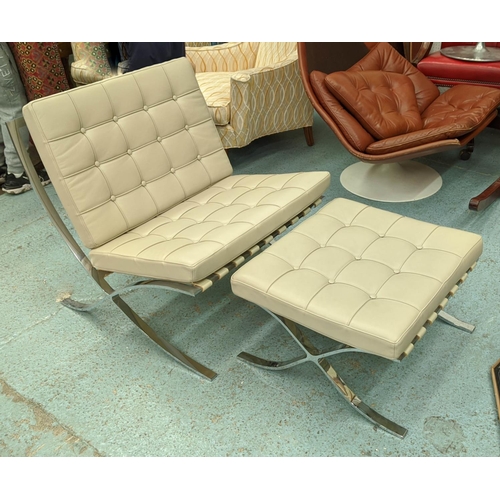 385 - AFTER LUDWIG MIES VAN DER ROHE BARCELONA STYLE CHAIR AND FOOTSTOOL, chair, 75cm x 80cm x 73cm.