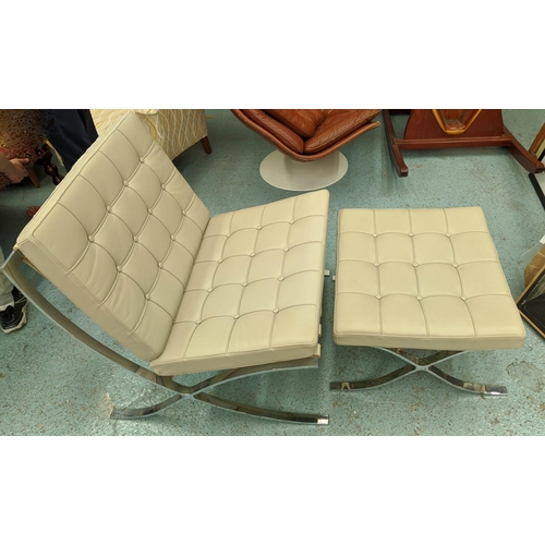 385 - AFTER LUDWIG MIES VAN DER ROHE BARCELONA STYLE CHAIR AND FOOTSTOOL, chair, 75cm x 80cm x 73cm.