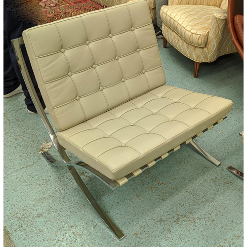 385 - AFTER LUDWIG MIES VAN DER ROHE BARCELONA STYLE CHAIR AND FOOTSTOOL, chair, 75cm x 80cm x 73cm.