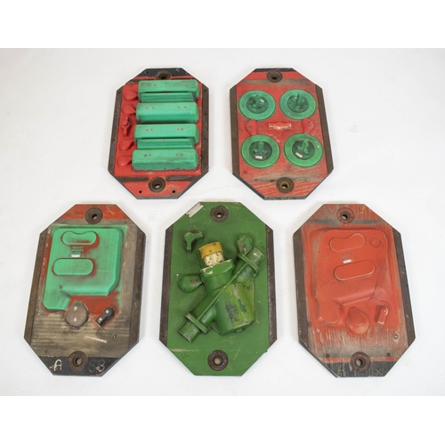 7 - RENAULT CAR ENGINE MOULDS, a set of five, painted and mounted on wood panels, 38cm x 60cm. (5)
