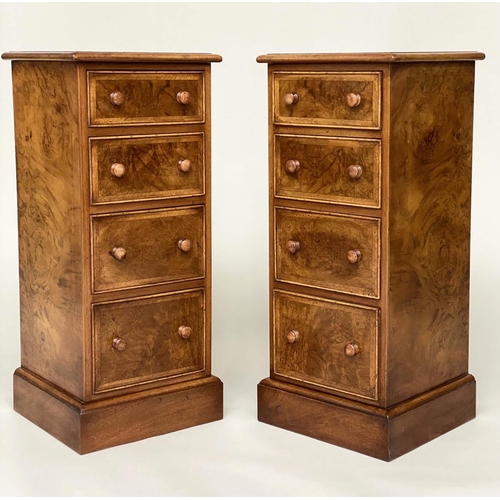 93 - BEDSIDE CHESTS, a pair, Georgian style burr walnut and crossbanded each with four drawers, 34cm W x ... 