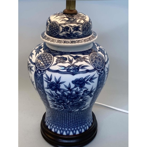 94 - TABLE LAMPS, a pair, Chinese blue and white ceramic vase form with shades, 46cm H. (2)