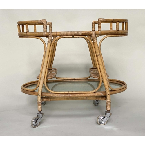 96 - CANE TROLLEY/TABLE, 1950s style rattan and cane bound, two tier and glazed.