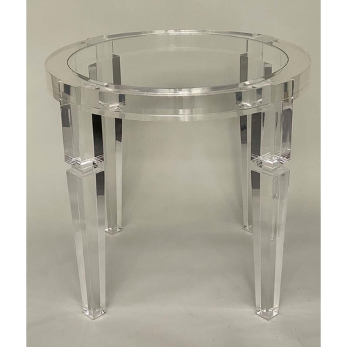 98 - TABLE, circular glazed and lucite-framed, 75cm H x 100cm W.