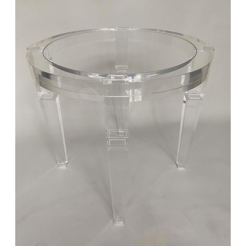 98 - TABLE, circular glazed and lucite-framed, 75cm H x 100cm W.