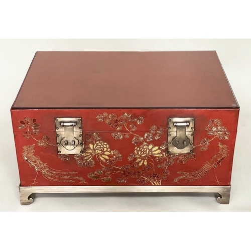 102 - LOW TABLE, mid 20th century Chinese lacquered trunk, silvered metal mounted with stand and glazed to... 