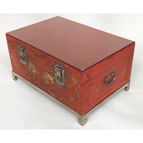 102 - LOW TABLE, mid 20th century Chinese lacquered trunk, silvered metal mounted with stand and glazed to... 