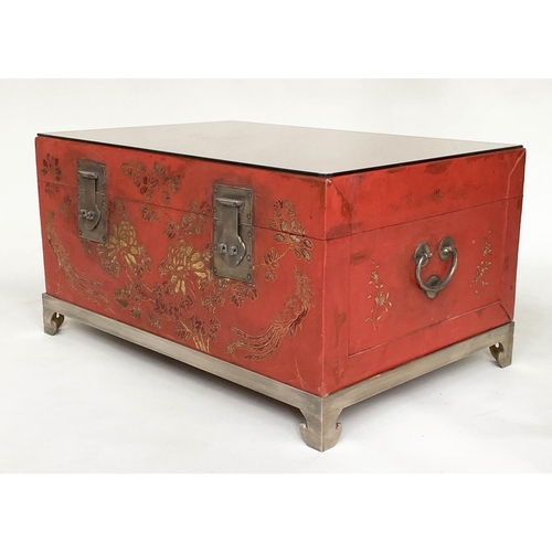 102 - LOW TABLE, mid 20th century Chinese lacquered trunk, silvered metal mounted with stand and glazed to... 