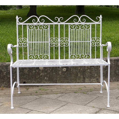 129 - GARDEN BENCH, painted wrought metal with high back and arms, 106cm W x 100cm H.