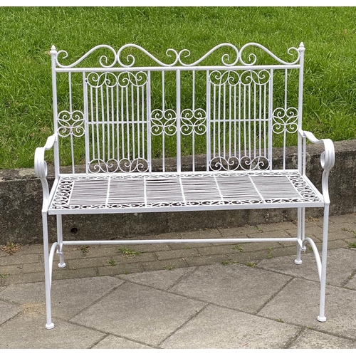 129 - GARDEN BENCH, painted wrought metal with high back and arms, 106cm W x 100cm H.