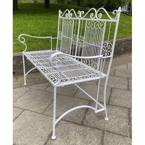 129 - GARDEN BENCH, painted wrought metal with high back and arms, 106cm W x 100cm H.