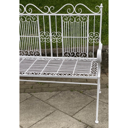 129 - GARDEN BENCH, painted wrought metal with high back and arms, 106cm W x 100cm H.