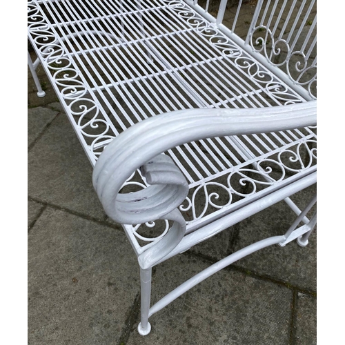 129 - GARDEN BENCH, painted wrought metal with high back and arms, 106cm W x 100cm H.