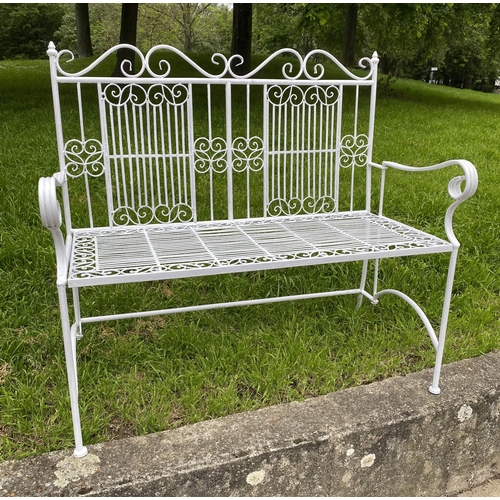 129 - GARDEN BENCH, painted wrought metal with high back and arms, 106cm W x 100cm H.