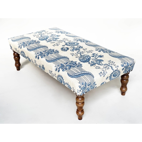 110 - HEARTH STOOL, rectangular Colefax and Fowler upholstered with turned supports, 110cm W x 59cm H x 70... 