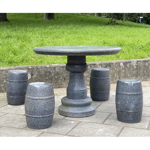 119 - GARDEN/TERRACE SET, granite, comprising table 90cm W x 72cm H and four stools. (5)